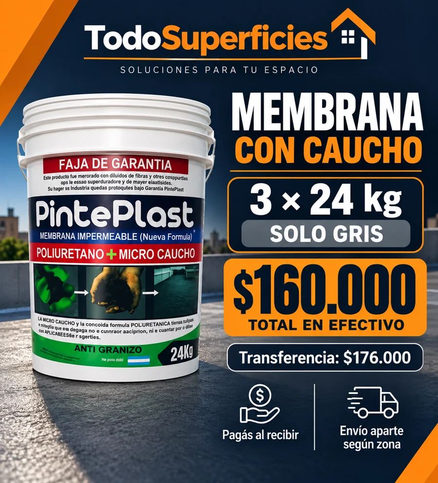 Promoción Membrana con caucho PintePlast · 3 tachos de 24 kg · Solo gris